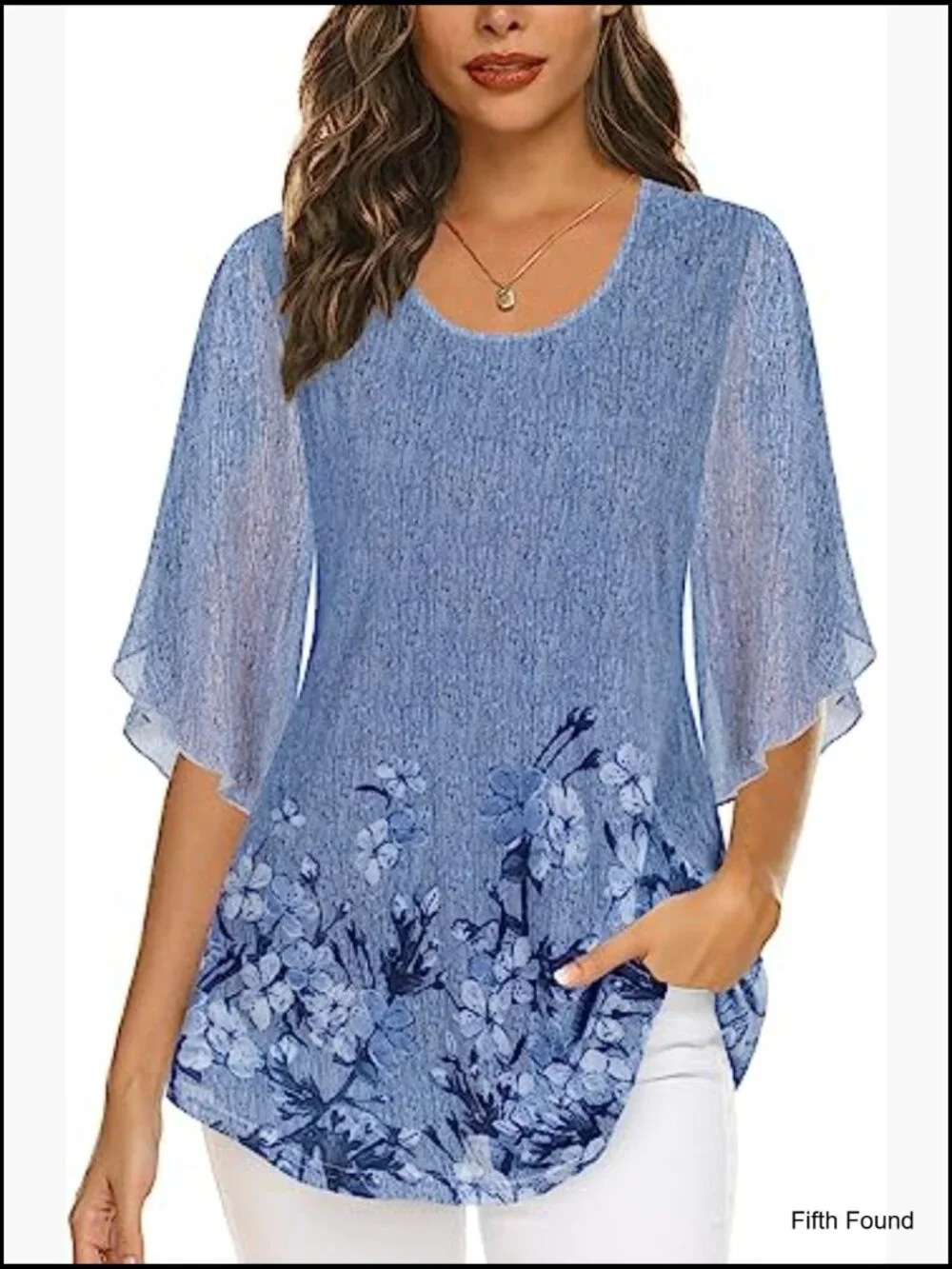 Womens 3/4 Sleeve Double Layer Mesh Tunic Blouse Dressy Casual Top - Picture 2 of 7